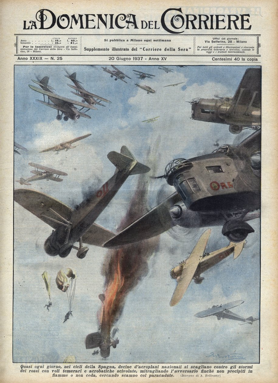 Spanish Civil War: Air Clashes Between Republican and Nationalist Airplanes Over Spain at War. Illustration of Achille Beltrame in 