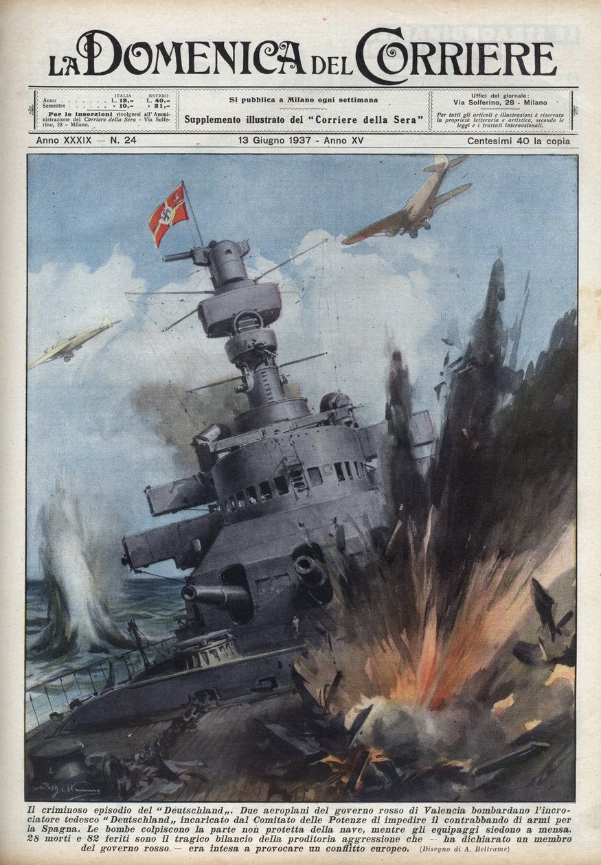 Spanish Civil War: Two Planes of the Republican Government in Valencia Bombed the German Cruiser Deutschland. Illustration by Achille Beltrame in 