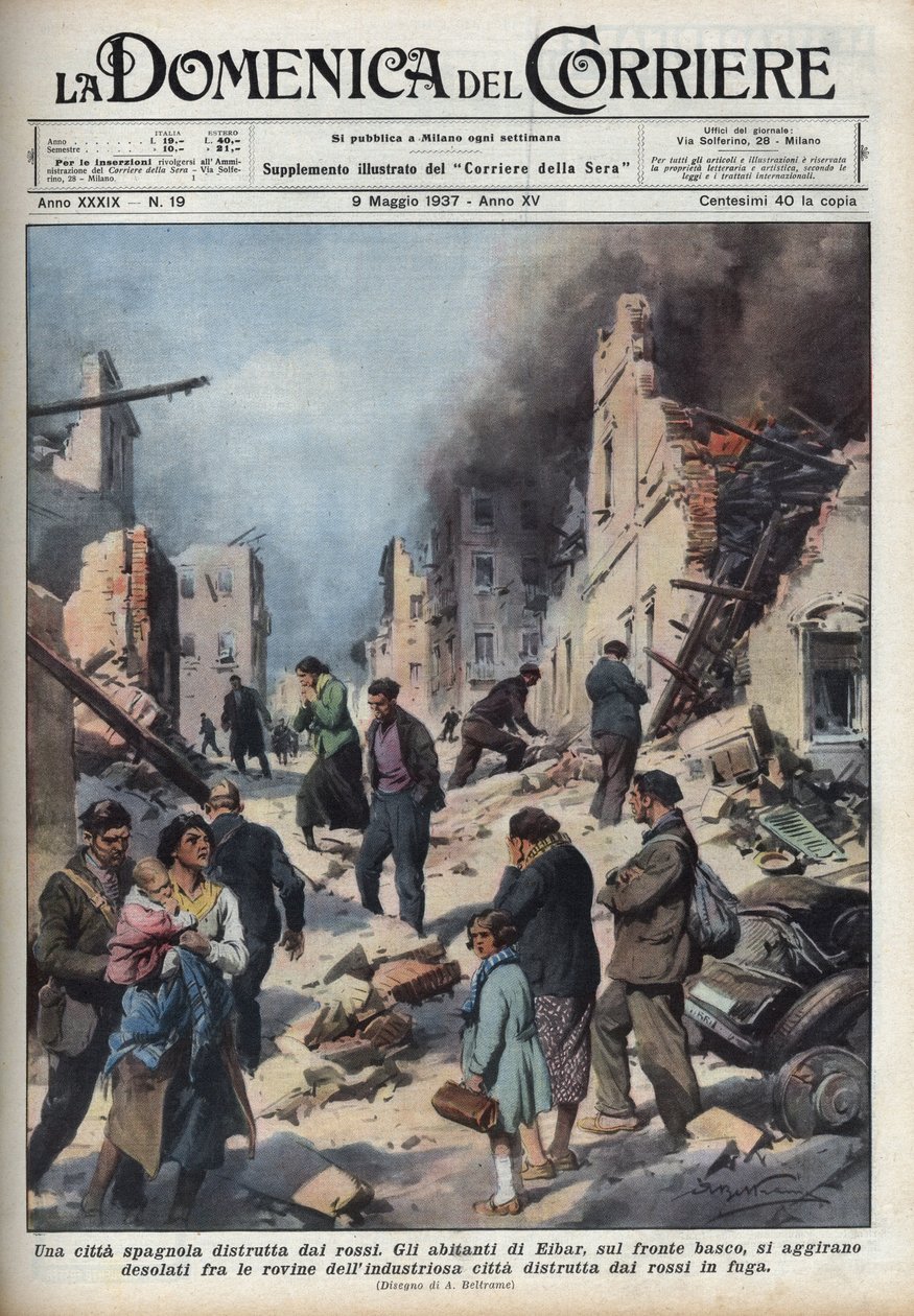 Spanish Civil War: view of the ruins of the city of Eibar in the Basque country. Illustration of Achille Beltrame in 