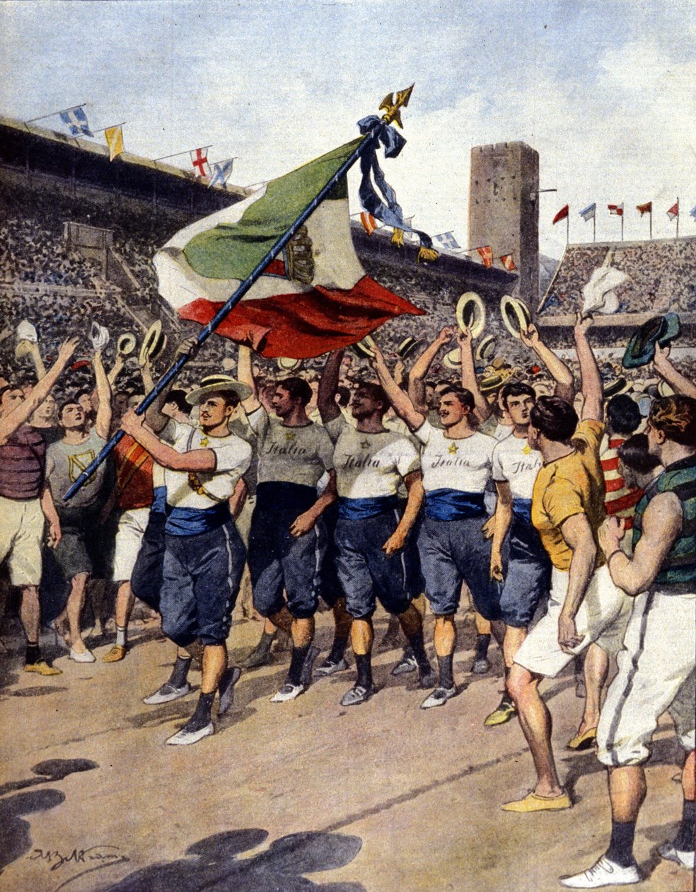 The 1912 Stockholm Olympic Games: the winning Italian gymnastics team. Illustration by A. Beltrame. La Domenica del Corriere by Achille Beltrame