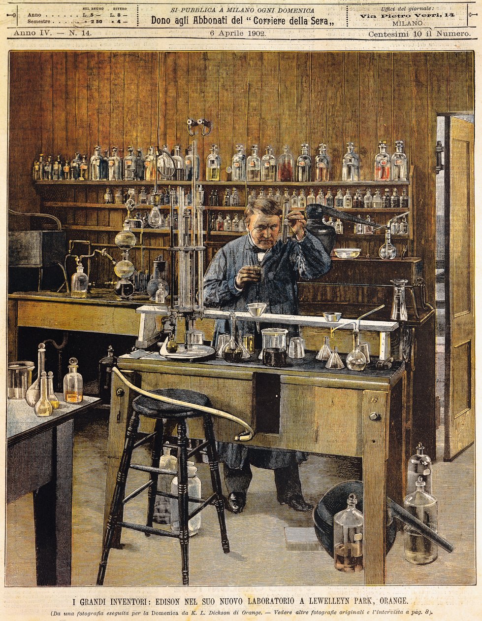 The American inventor Thomas Ava Edison in his new laboratory at Lewellein Park, Illustration by Achille Beltrame, La Domenica del Corriere by Achille Beltrame