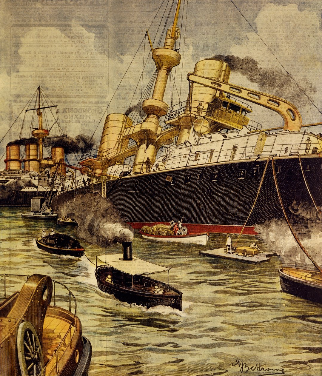 The Andrea Doria battleship run aground near Gallipoli, from La Domenica del Corriere by Achille Beltrame