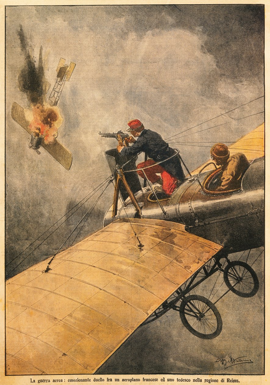 The War in Air: Duel between French plane and German one in sky over Reims, by Achille Beltrame, from La Domenica del Corriere, 25th October 1914 by Achille Beltrame