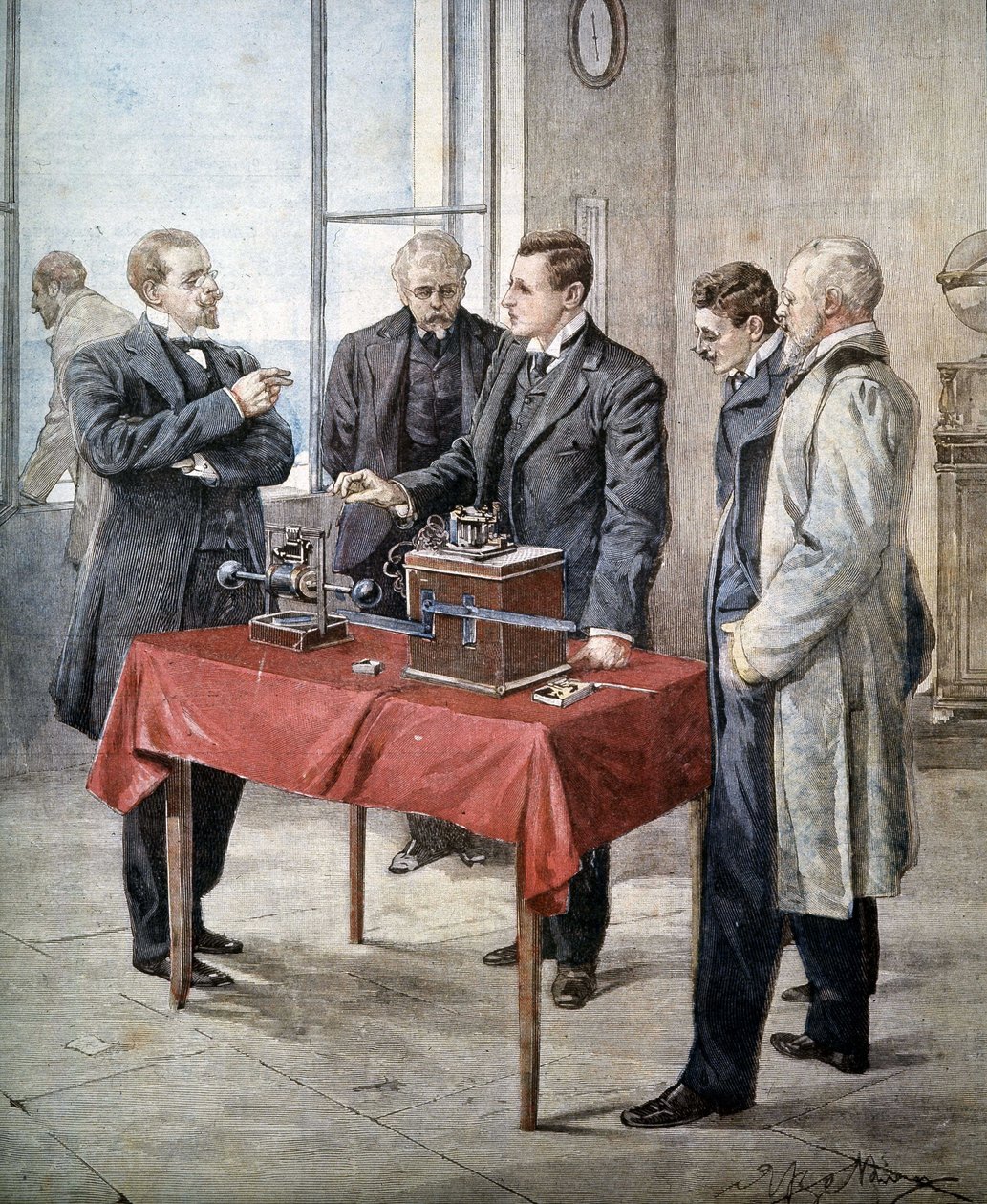 The experiences of Guglielmo Marconi (1874 - 1937) in 1899: Wireless Telegraphy across the Channel. Illustration by Achille Beltrame in Domenica del Corriere by Achille Beltrame