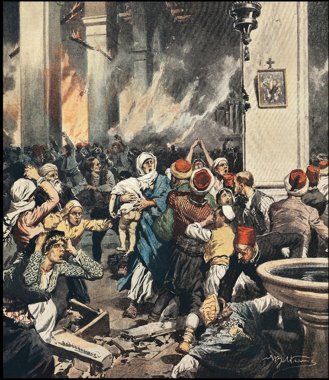 The massacres of Armenians in Turkey in 1909 in Adana, illustration by Achilles Beltrame (1871-1945) in “La Domenica del Corriere” of May 1909 by Achille Beltrame