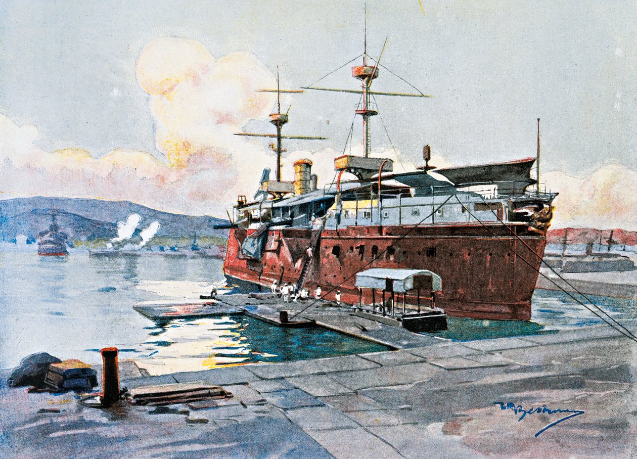 The old ship Castelfidardo in La Spezia by Achille Beltrame