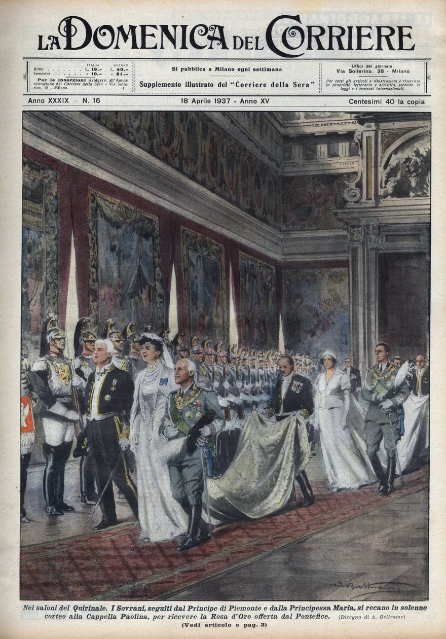 The Royal Couple, Victor Emmanuel III and His Wife Helene of Montenegro Followed by Prince Humbert II and Mary Jose, Go to the Paolina Chapel. Illustration by Achille Beltrame in 