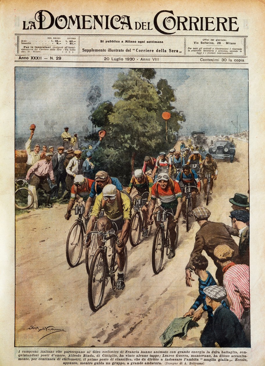 Tour de France, Learco Guerra leading pack, illustration by Achille Beltrame from La Domenica del Corriere, July 20 by Achille Beltrame