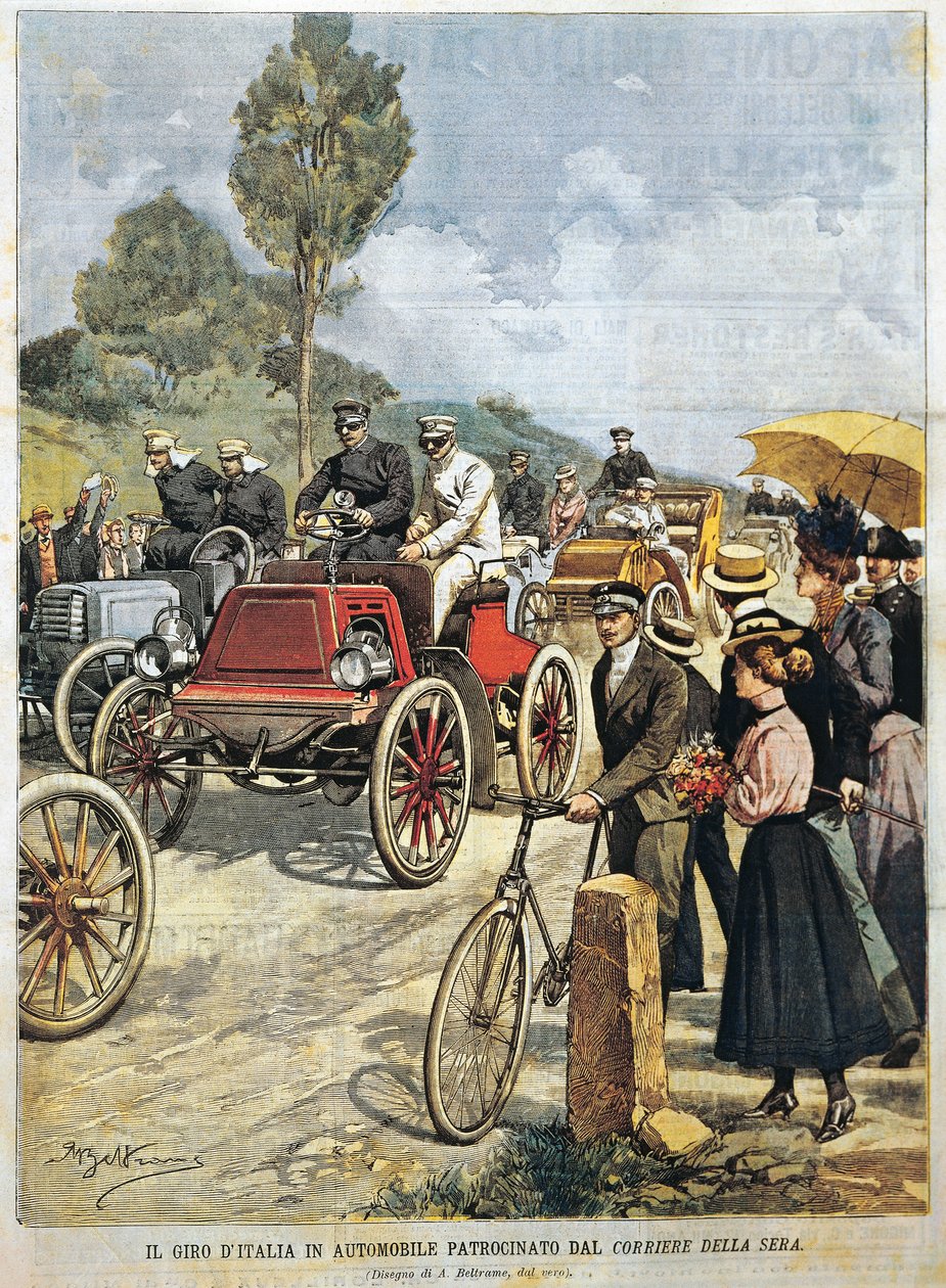 Tour of Italy by car, sponsored by Corriere della Sera, illustration by Achille Beltrame from La Domenica del Corriere, May 19 by Achille Beltrame