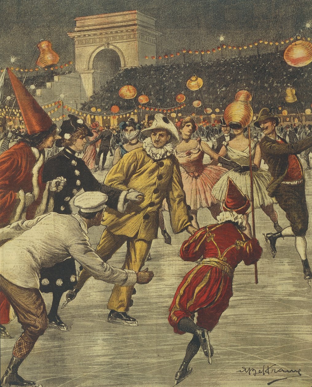 Typical costume party on ice at Aren in Milan, by Achille Beltrame, illustration, from La Domenica del Corriere by Achille Beltrame