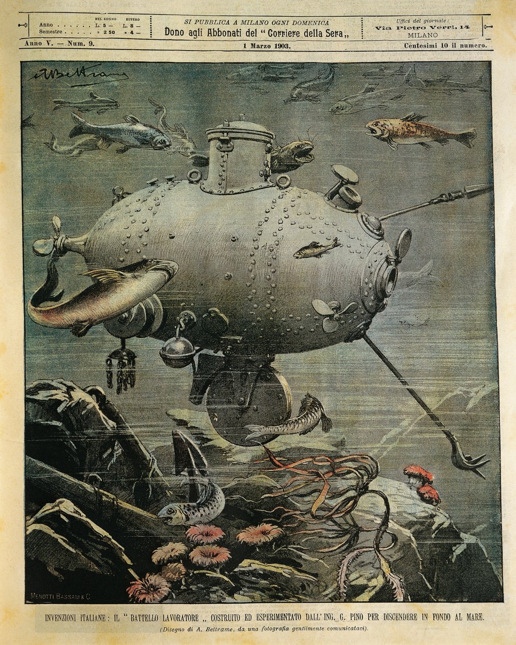 Underwater sea vessel for exploring seabed, illustration by Achille Beltrame, from La Domenica del Corriere, March 1 by Achille Beltrame