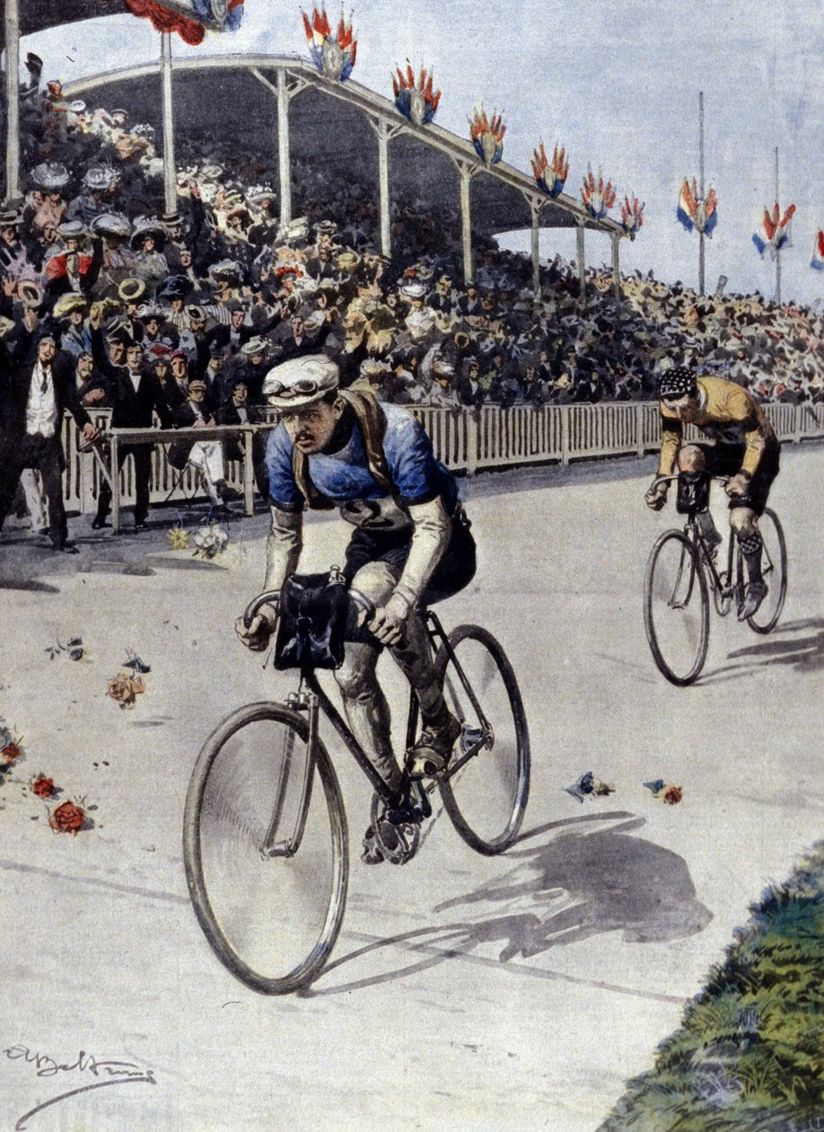 Cyclist Peer Breton Winner of the Tour de France in 1908. illustration by Achille Beltrame by Achille Beltrame
