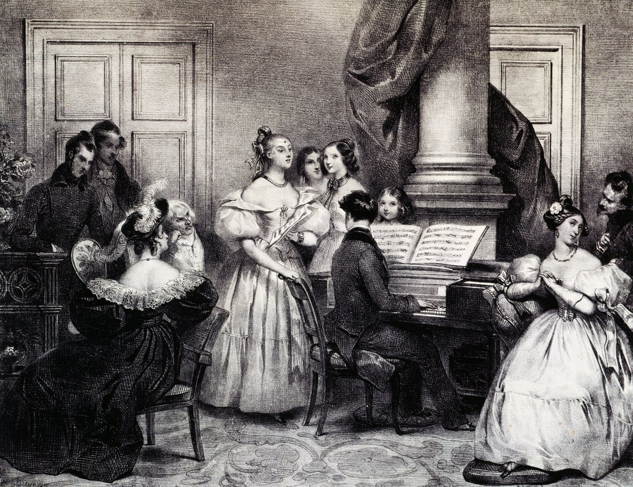 Family concert with piano, by Achille Deveria, engraving, France by Achille Devéria