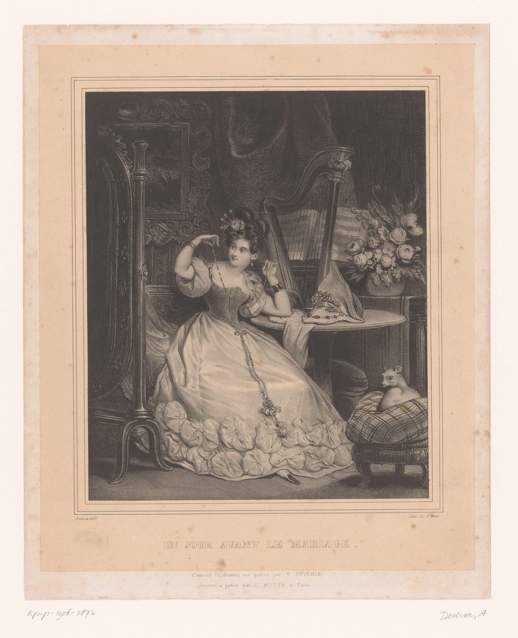 Bride-to-be trying on a necklace in front of the mirror (A day before the wedding) by Achille Devéria