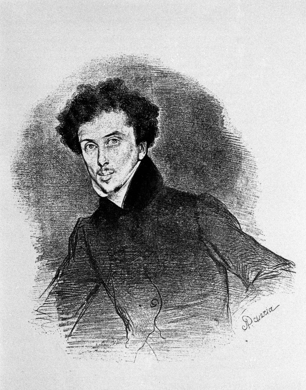Portrait of the French writer Alexandre Dumas father circa 1832. Lithograph of Deveria by Achille Devéria
