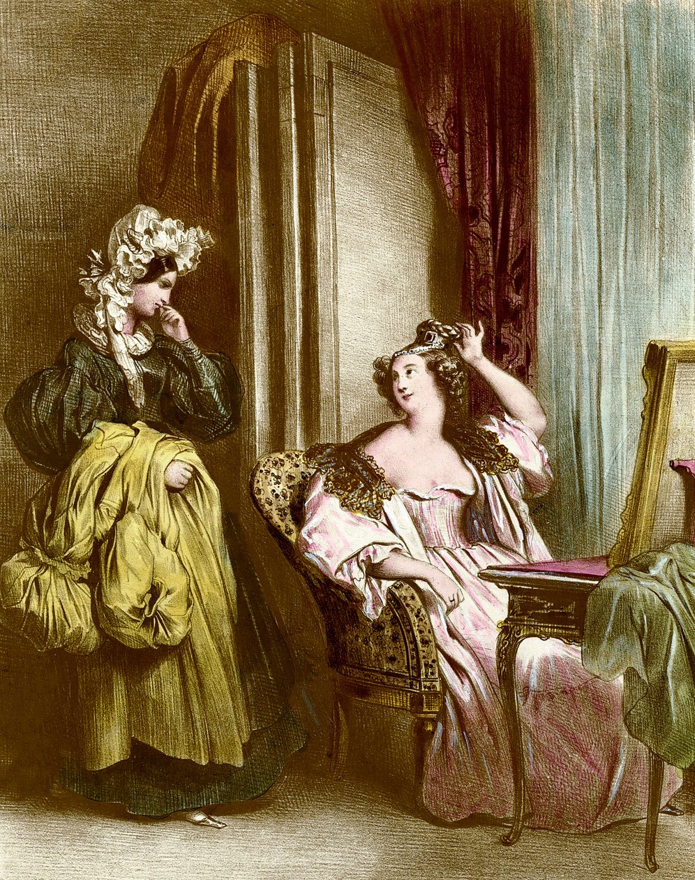 The toilet: an elegant young woman with her handmaid. Lithography by Achilles Deveria (19th century) by Achille Devéria