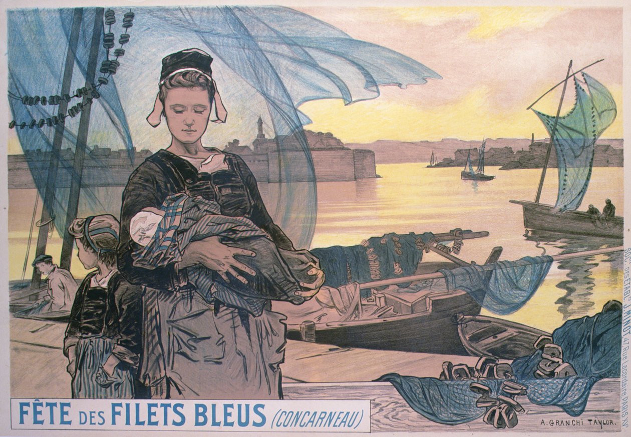 Poster depicting the Festival of Blue Fishing Nets, Concarneau, Brittany by Achille Granchi Taylor