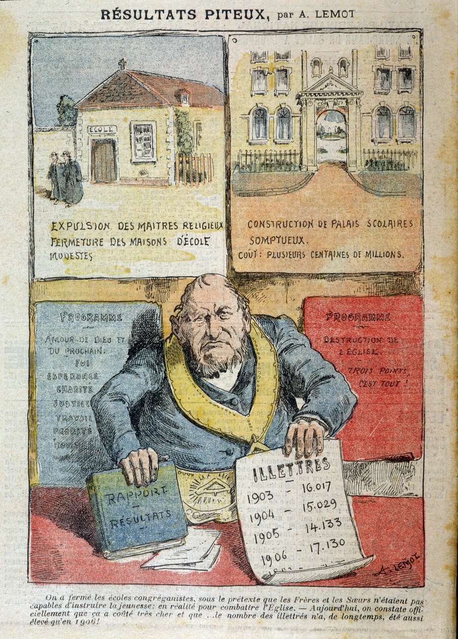 Cartoon on the opposition between Laic and Private Education - by Achile Lemot, in “Le Pelerin” by Achille Lemot
