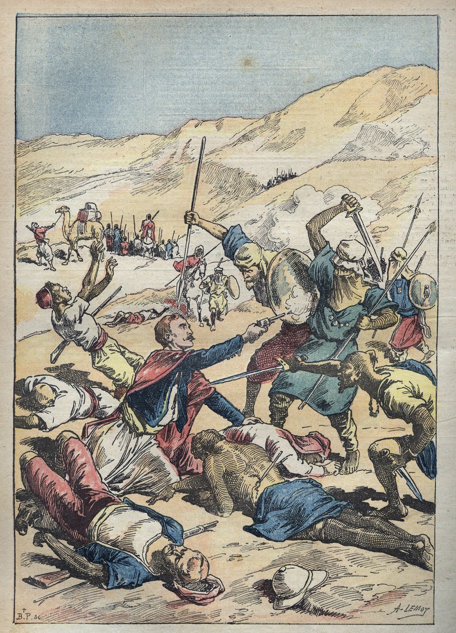 Death of the Marquis of Mores and His Companions Near El-Ouatia in Tunisia in 1896 - Illustration of Achille Lemot in Le-Pelerin of June 1896 by Achille Lemot