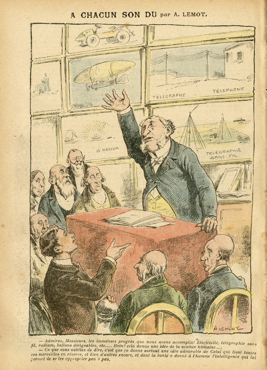 Illustration by Achille Lemot in Le Pelerin, 22/09/07 - Modernite, Automobile, Religion Faith, Atheism, Progres, Telegraph, Wireless Telegraphy, Telephone, Radium, Catholic Catholicism - Intellectual by Achille Lemot