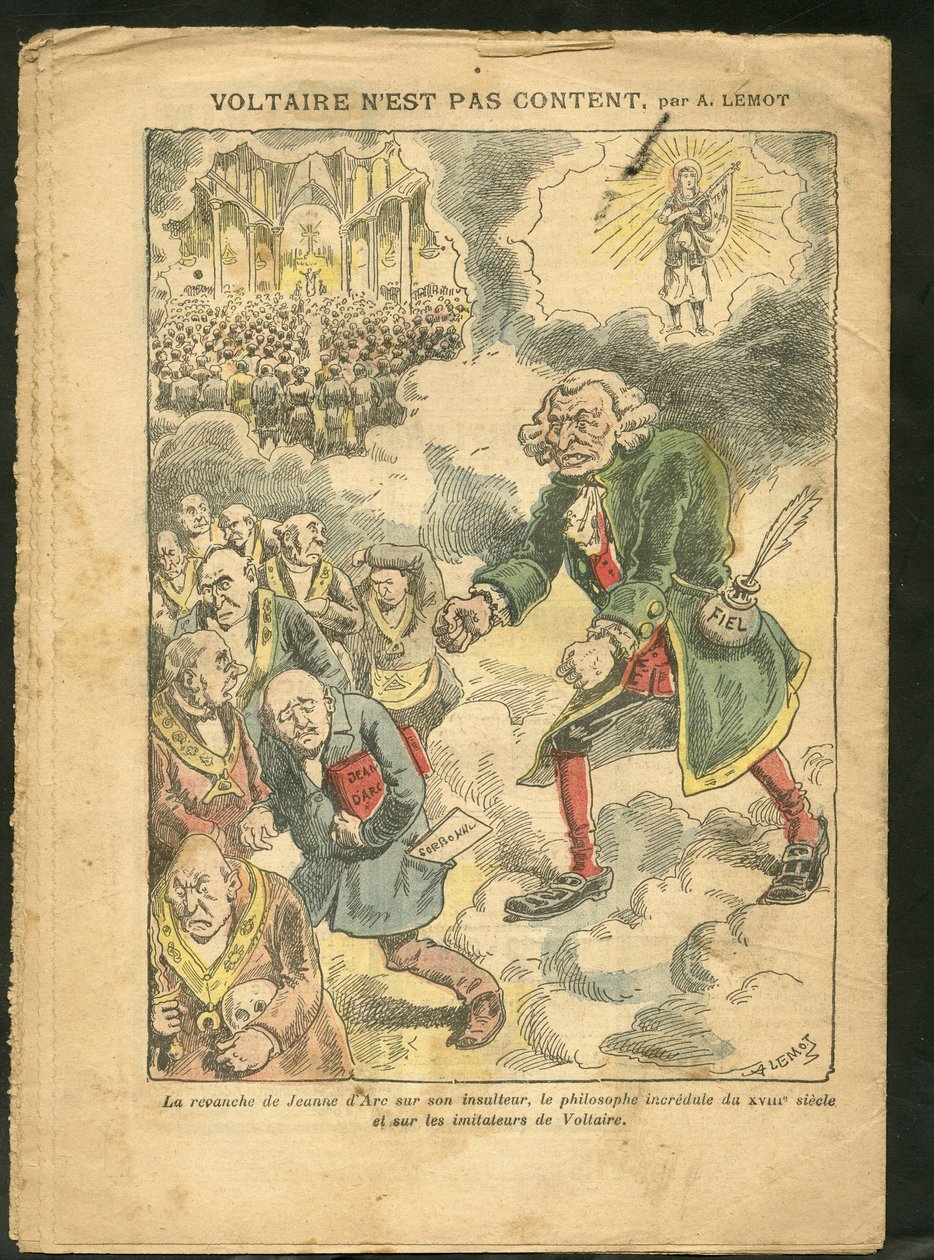Illustration by Achille Lemot in Le Pelerin - Voltaire is Not Happy - Antimaconism, Freemasonry, Religion, Faith, Catholicism - Secularization, Secularism, Secular Laws - Voltaire, Joan of Arc by Achille Lemot