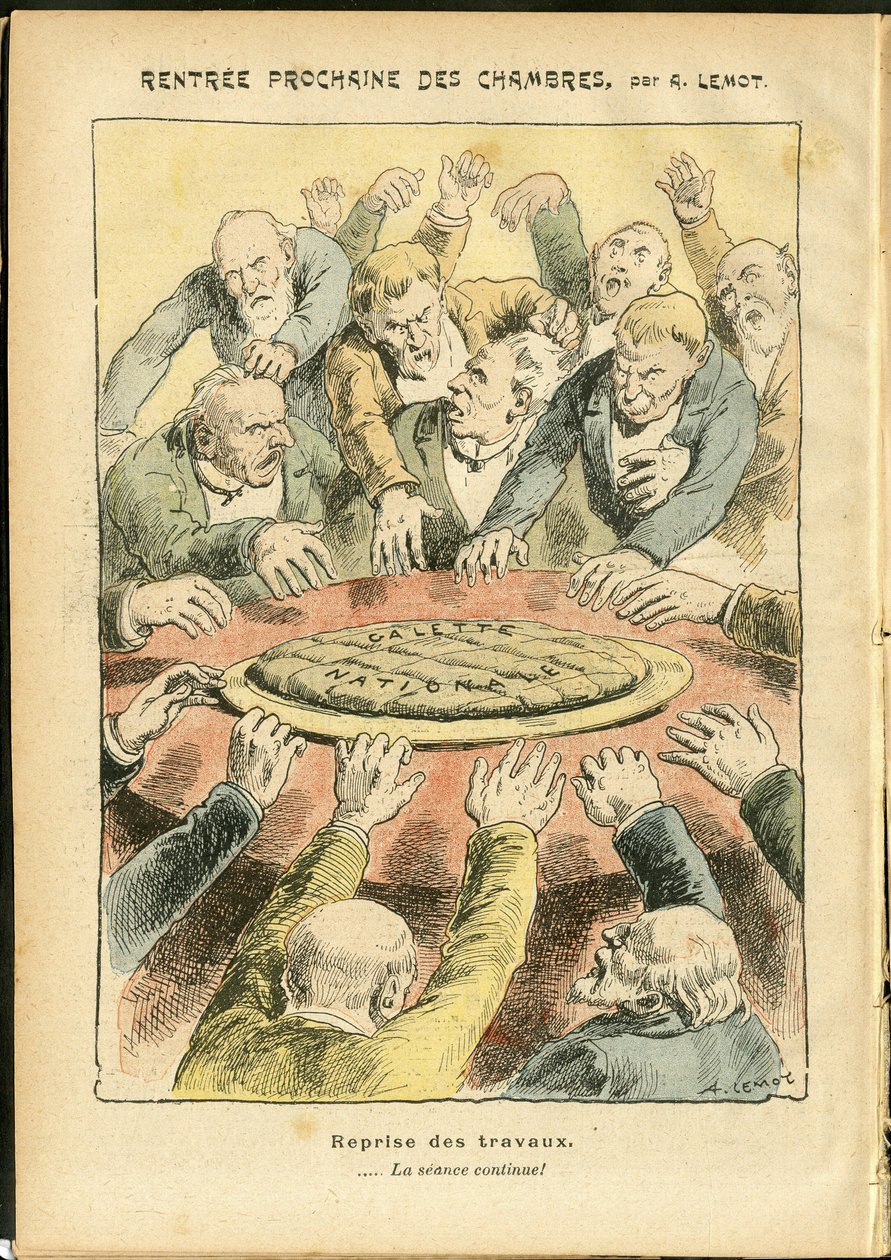 Illustration of Achille Lemot (1846-1909) in Le Pelerin, 03/06/06 - Next rental of the chambers - Antiparliamentarism, Chamber of Deputes Hemicycle, Galette des rois - Depute by Achille Lemot