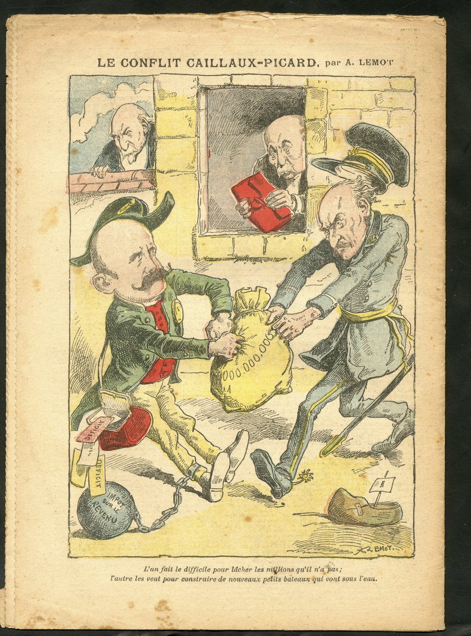 Illustration of Achille Lemot in Le Pelerin, 07/03/09 - The Caillaux-Picard Conflict - Taxation, Income Tax - Combes Emile, Clemenceau George, Caillaux Joseph by Achille Lemot