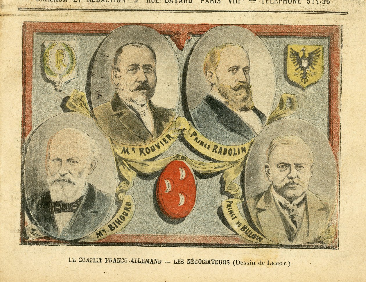 Illustration in Le Pelerin - The Franco-German conflict the negotiators - Colonization Colonialism Colonies, Germany Prussia, Morocco, France, Tangier - Rouvier Maurice, Bulow Bernhard von, Rad by Achille Lemot