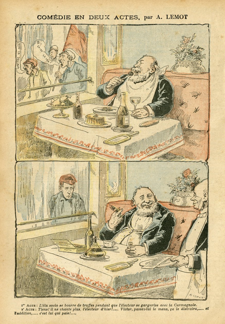 Illustration in Le Pelerin - Comedy in two acts - Restaurant Cafes, Gastronomy cooking, Socialism - Cafe boys, Truffle - Fat/lean by Achille Lemot