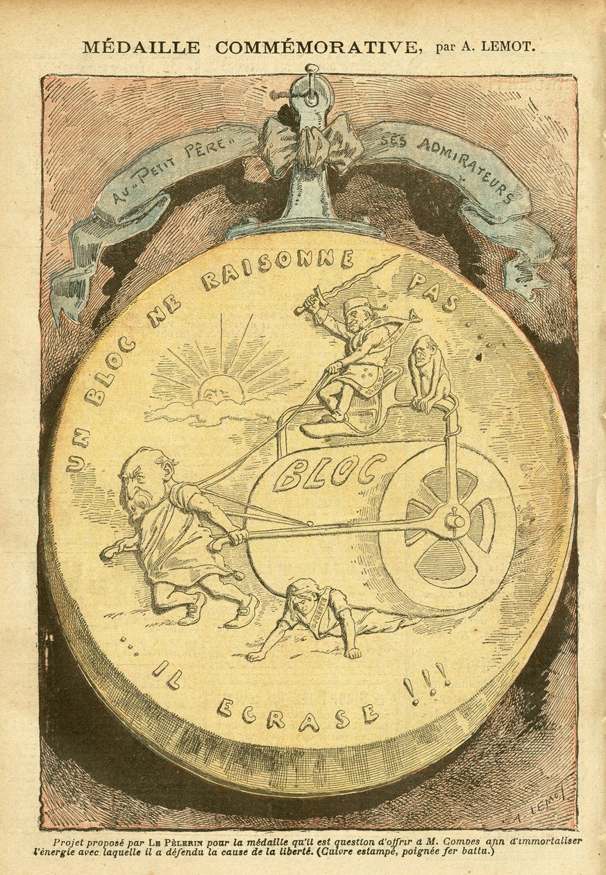 Illustration in Le Pelerin - Commemorative medal - Antimasonry Freemasonry, Affair of the files, Bloc of the left - Combes Emile, Marianne - Casserole by Achille Lemot