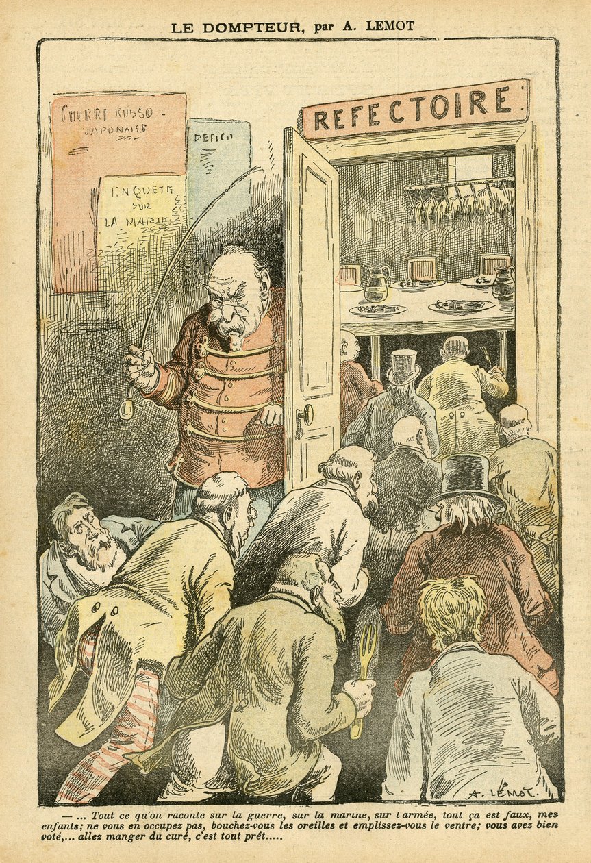 Illustration in Le Pelerin - The tamer - Restaurant Cafes, Gastronomy cook - Combes Emile, Tamer - Food Metaphor by Achille Lemot