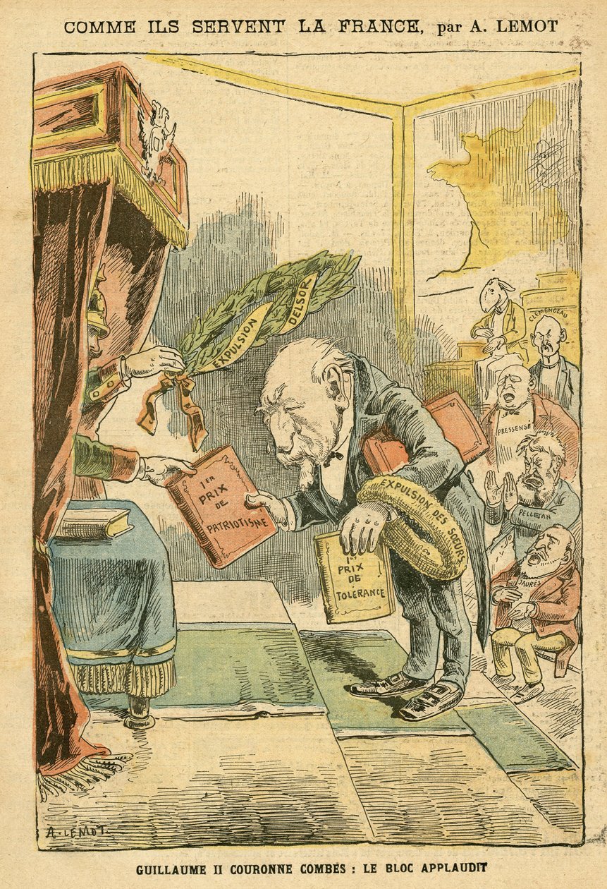 Illustration of Achille Lemot in Le Pelerin, 31/01/04 - How they serve France - Germany Prussia, Religion Faith, Bloc des Left, Patriotism, Catholic Catholicism - Evictions of Religious - Combes Emile, William II, Delsor Nicolas by Achille Lemot