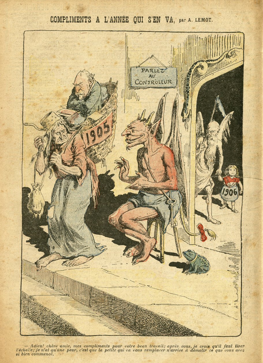 Illustration of Achille Lemot in Le Pelerin, 31/12/05 - Compliments of the Year that Goes Away - Religion Faith, Catholic Catholicism - Combes Emile, Devil, Time (Allegory of) by Achille Lemot