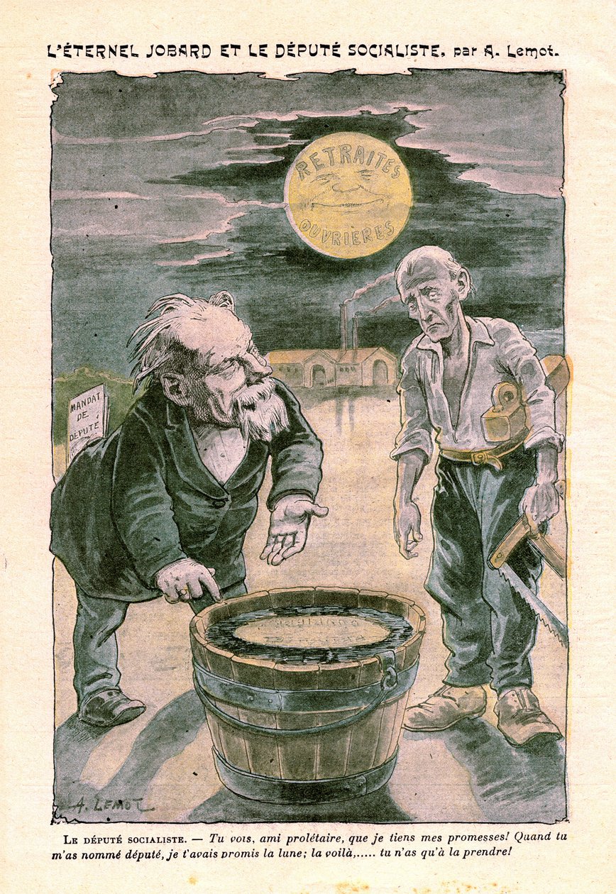 Socialist deputy promising the moon (retirement) to a poor proletarian (carpenter), in Le Pelerin, Catholic weekly N°1391 of 30 August 1903 (drawing by A. Lemot) by Achille Lemot