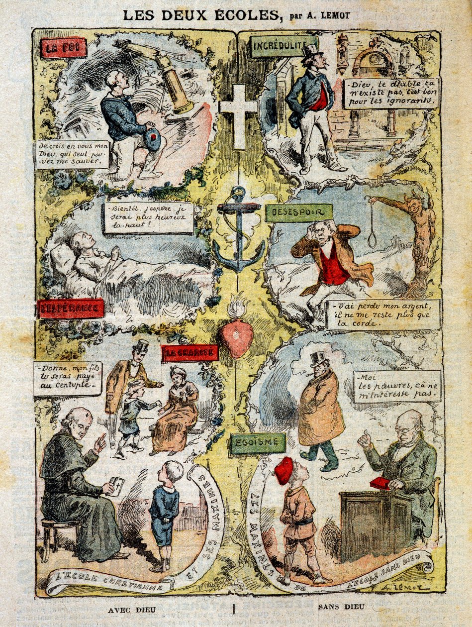 The two schools: caricature on the differences between the confessional school and the laique school - by Lemot, in 