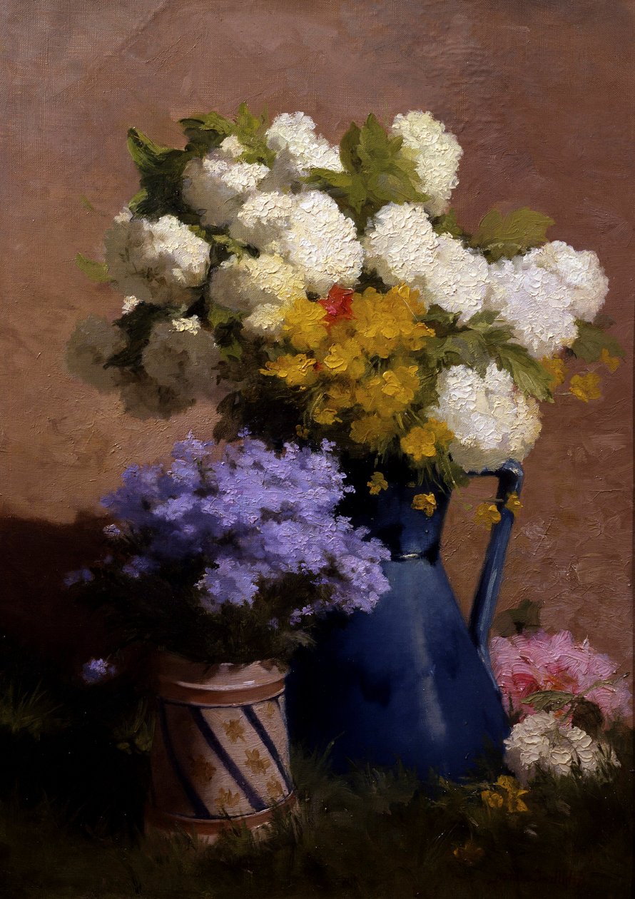Summer flowers with hydrangeas by Achille Theodore Cesbron