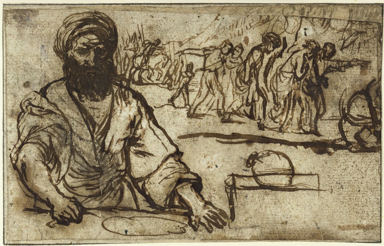 Seated Bearded Man, with Procession of People and Riders in the Background by Adam Elsheimer
