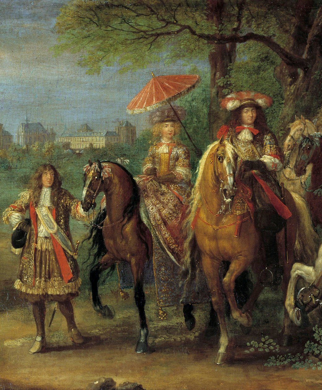 King Louis XIV and Queen Marie-Therese of Austria walking in front of the castle of Vincennes in 1669. (detail) Painting by Adam Frans Van der Meulen by Adam Frans van der Meulen