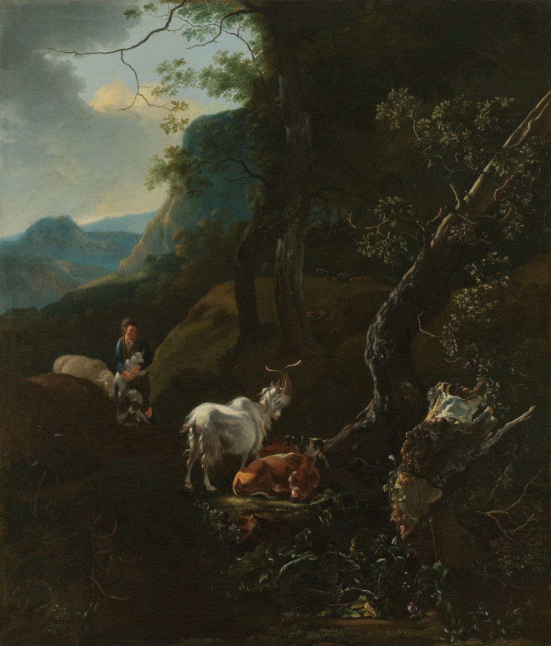 A Shepherdess with Animals in a Mountainous Landscape by Adam Pynacker