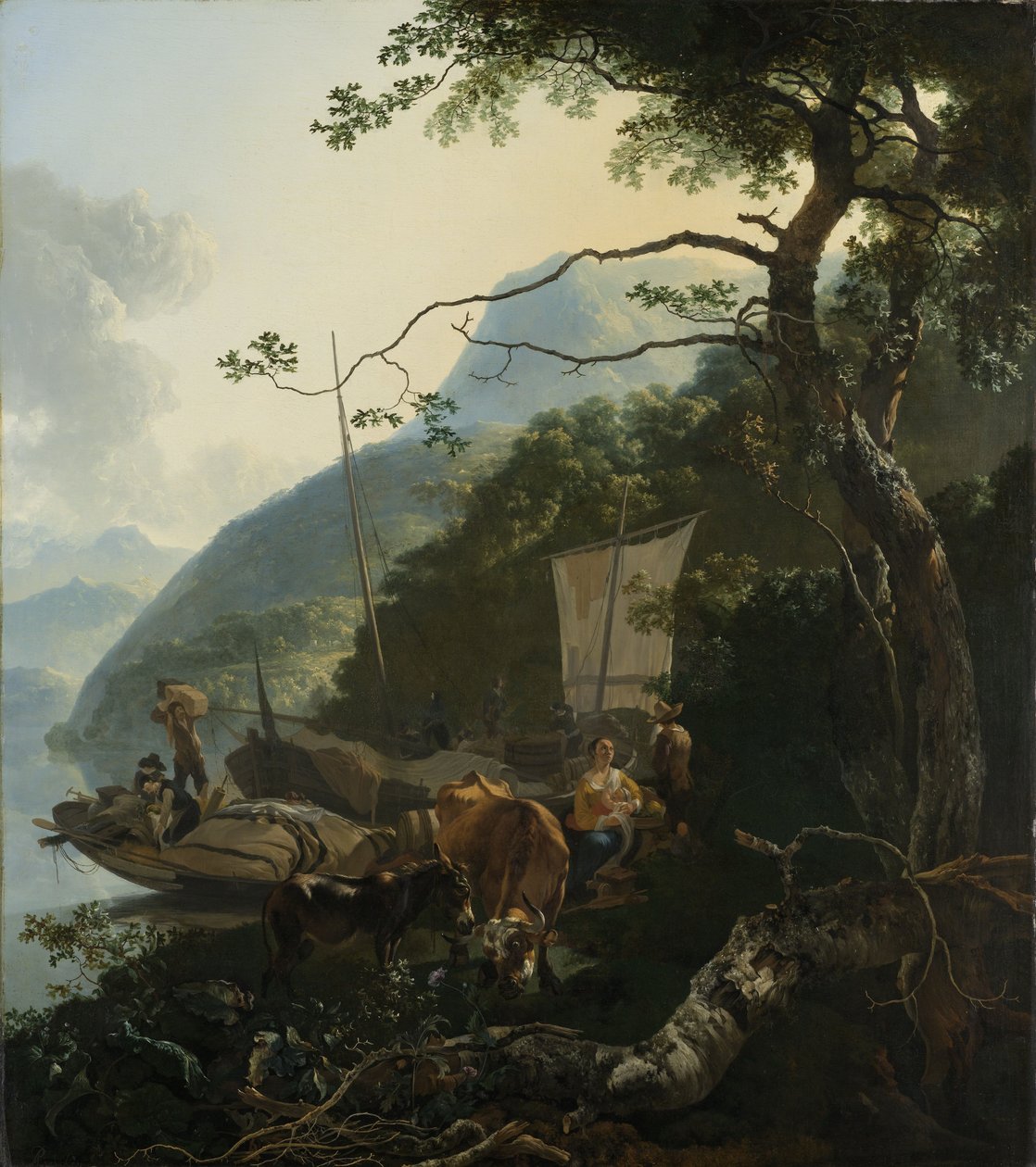 Boatmen Moored on the Shore of an Italian Lake, 1650-70 by Adam Pynacker