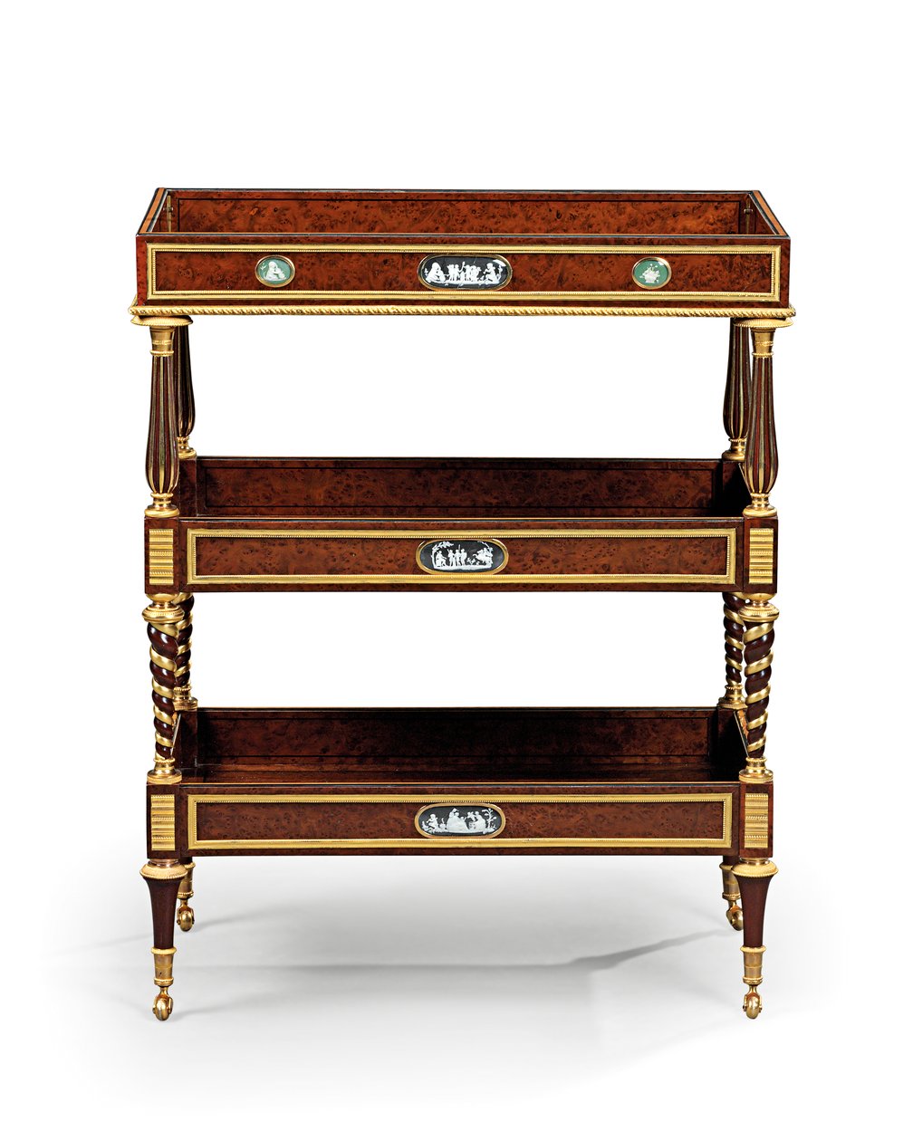 Late Louis XVI ormolu and cameo-mounted burr yew wood and mahogany table travailleuse by Adam Weisweiler