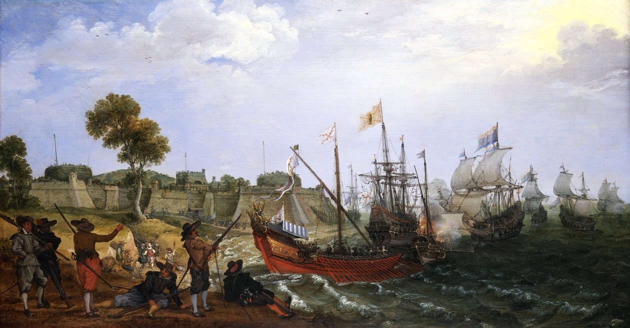 A Dutch war squadron attacking a Spanish colonial fortress, defended by boats by Adam Willaerts