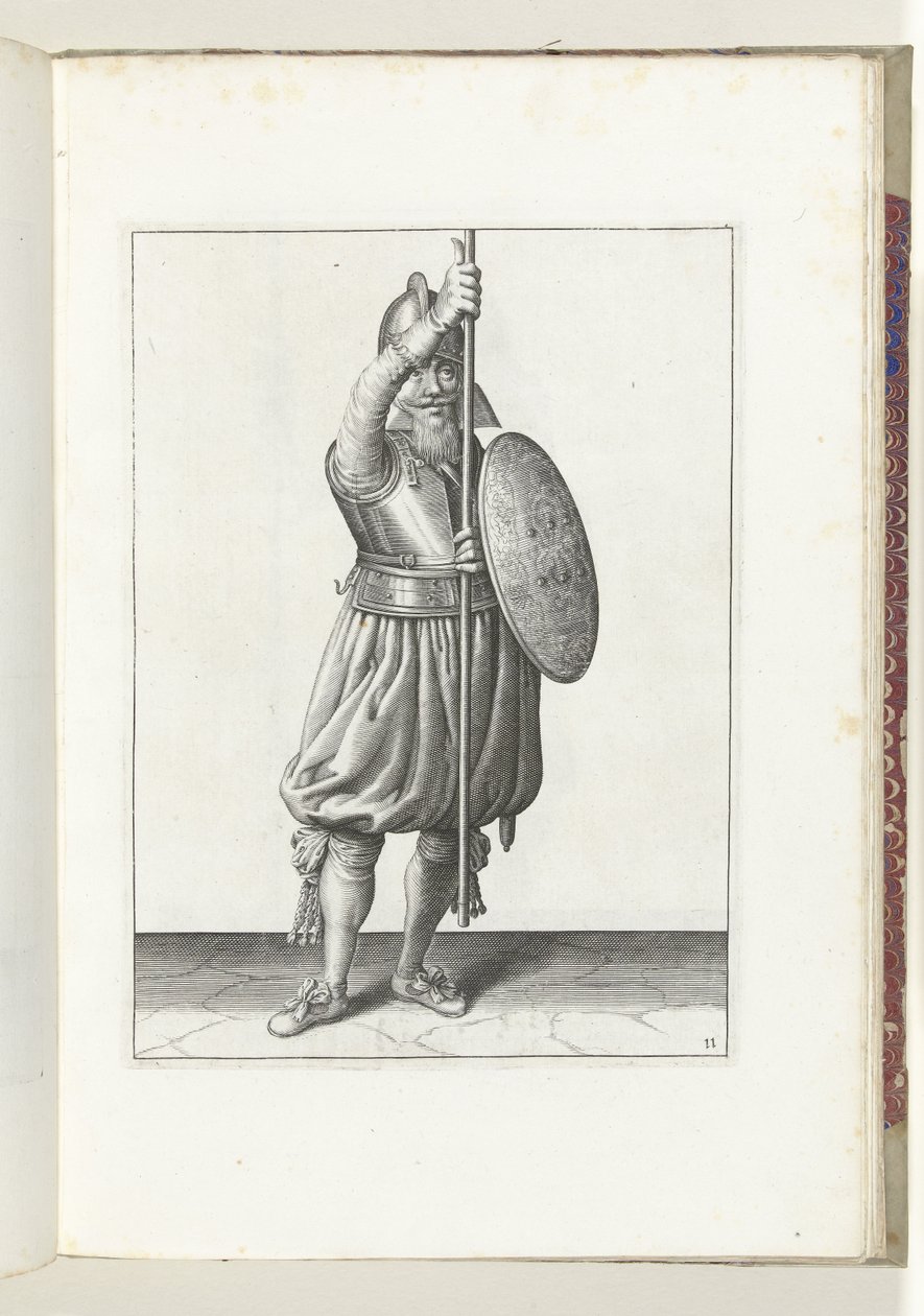 Exercise with shield and pike: the soldier returns the pike to the rest position in three movements, second movement (no. 11), 1618 by Adam van Breen