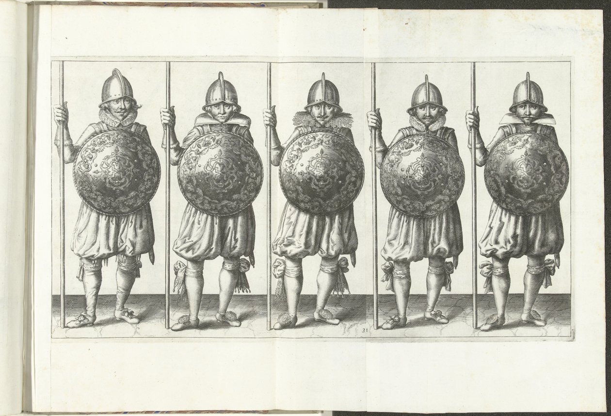 Exercise with Shield and Spear: Five Soldiers Standing in Line with Spear in Right Hand Resting on the Ground and Shield in Front of Chest, 1618 (De Nassausche Wapen-Handelinge) by Adam van Breen