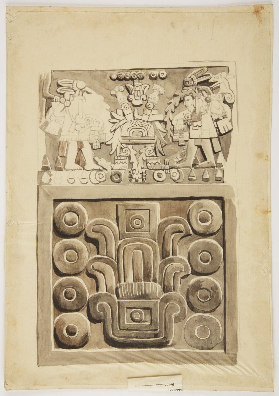 Stone relief from Mexico City showing two figures of warriors facing a central decorated 
