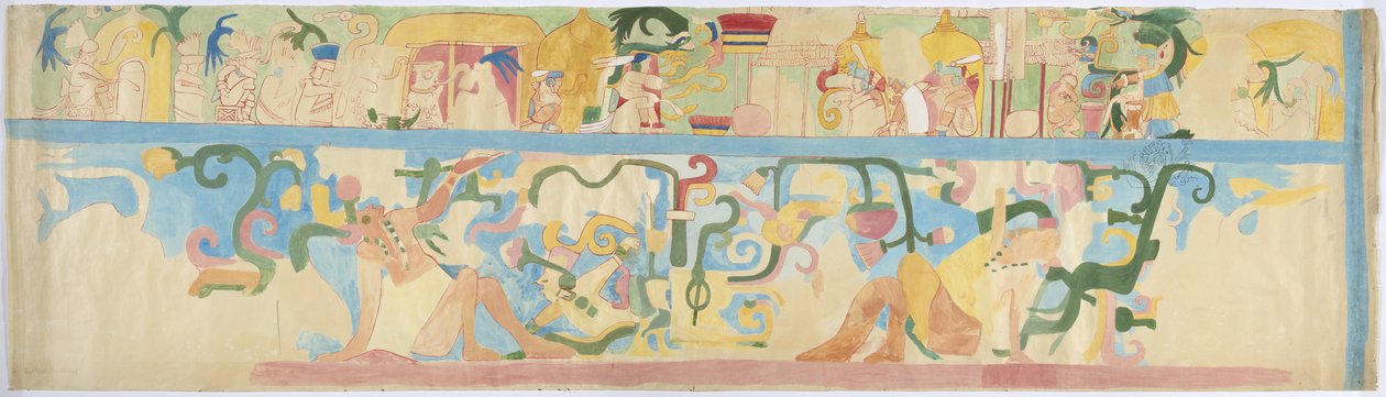Copy of a mural painting from the south west wall, Upper Temple of the Jaguars, Chichen Itza, Mexico by Adela Breton