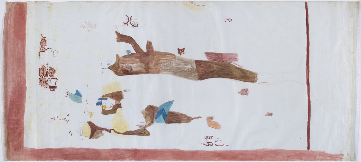 Copy of a wall painting from small chamber, Acanceh, Mexico Pencil lines, watercolour In three parts by Adela Breton