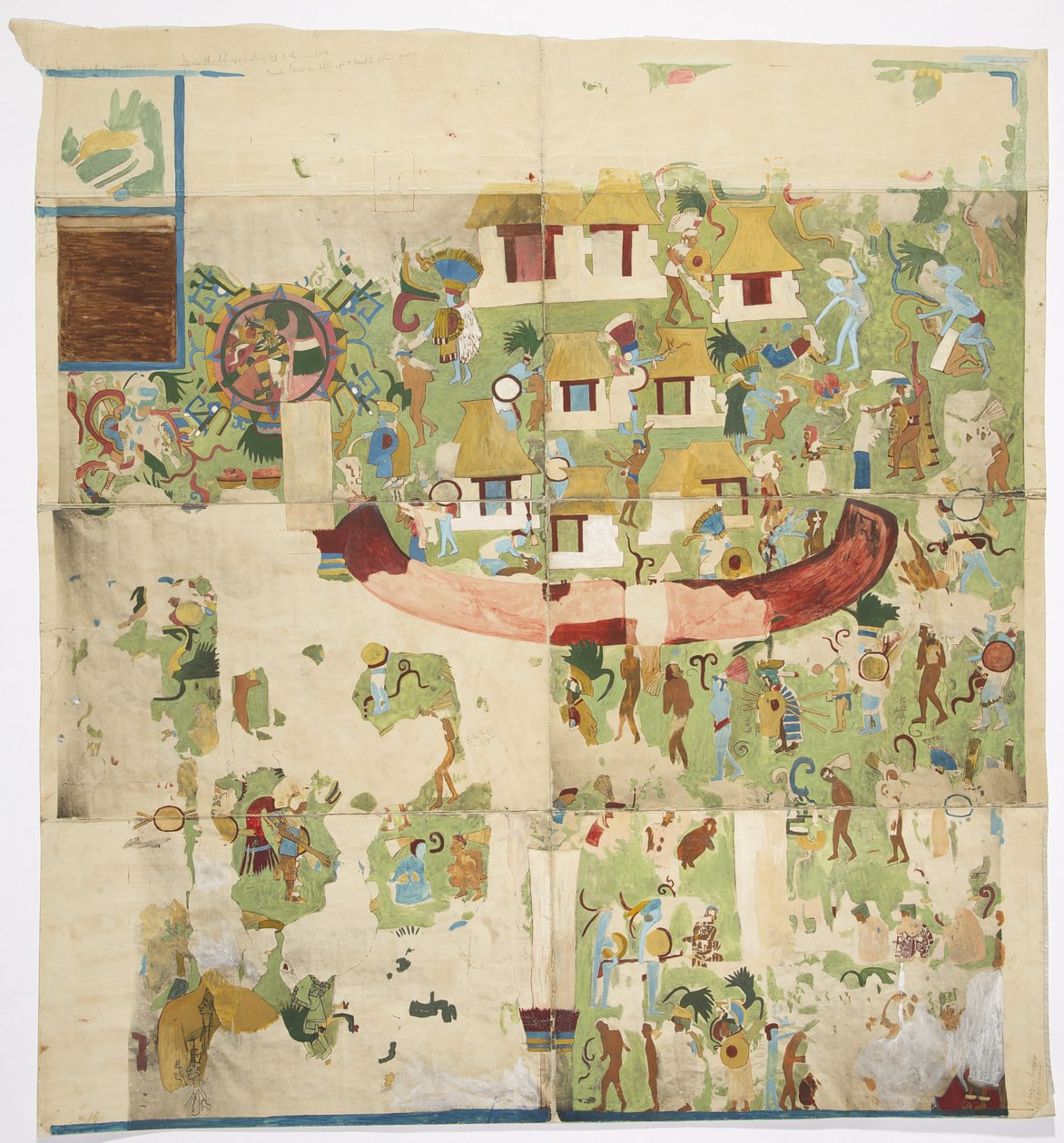 Painting of a mural from the north panel on the west wall, Temple A, Great Ball Court, Chichen Itza Yucatan, Mexico by Adela Breton