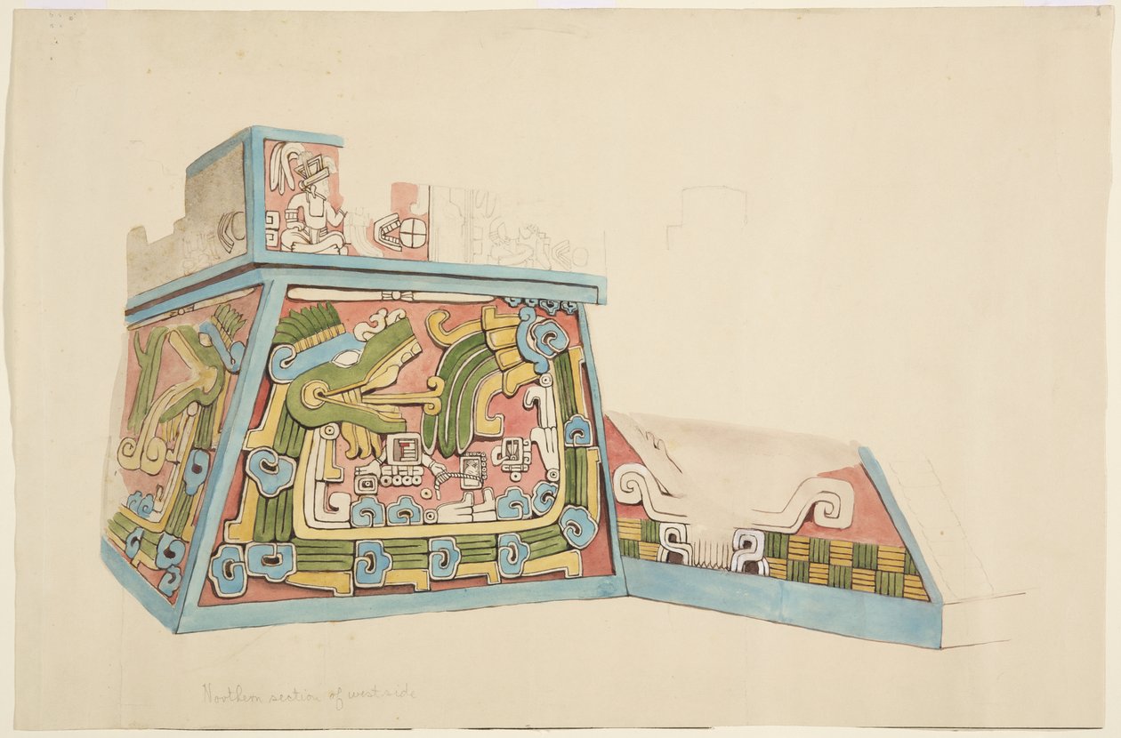 Painting of a stone relief from Xochicalco, Mexico North end of west side of lower terrace by Adela Breton