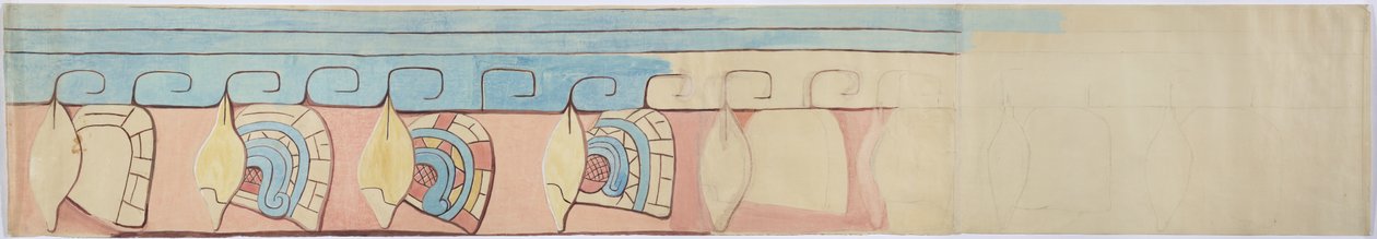 Painting of the upper register of the stucco frieze at Acanceh, Mexico by Adela Breton